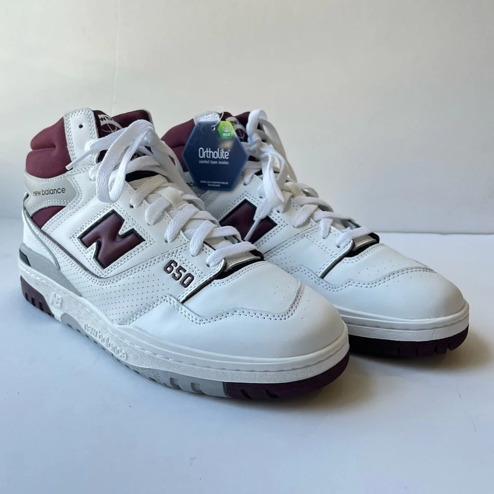 New Balance 650 White Burgundy High Top Sneakers Men 9.5 Women 11